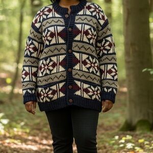 VTG Handknit Cardigan Chunky Wool Sweater Ecuador Colourful Geometric XL